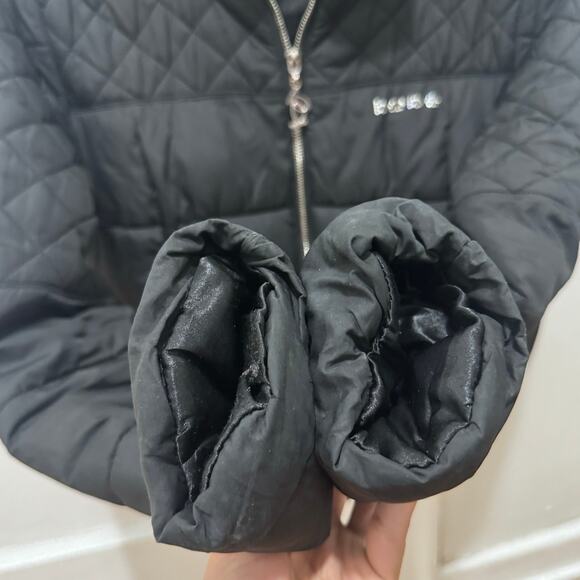 Y2K Bebe size medium black cropped puffer jacket missing fur Rhinestone logo - Picture 9 of 15